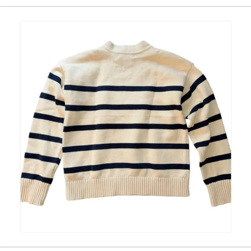 English Factory Striped Sweater Large Navy Cream V Neck Coastal Preppy NWT